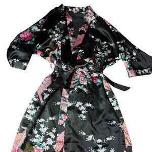 Dayluna Silky Robe Black / Floral Pink Green Size Adult Large Kimono Peacock Lg